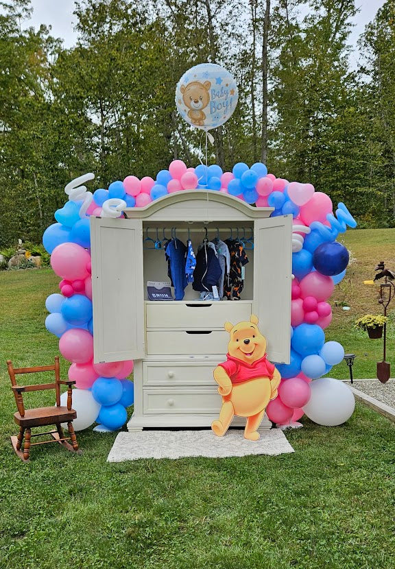 Gender Reveal Armoire Rental with Balloon Arch, Antique Rocking chair rental and Custom Cut out